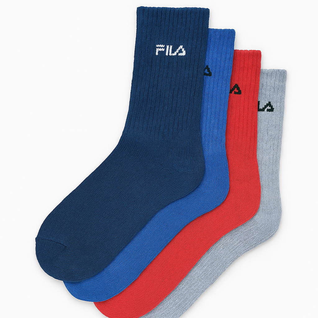 Set of three socks in blue, red, and gray with Fila logo on a white background