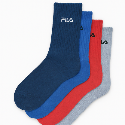 Set of three socks in blue, red, and gray with Fila logo on a white background