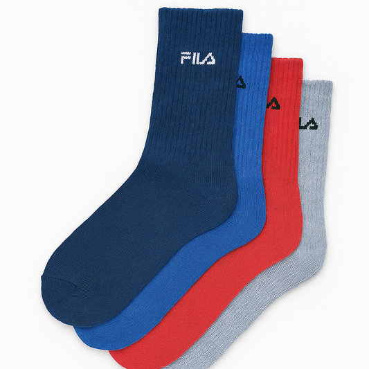 Set of three socks in blue, red, and gray with Fila logo on a white background
