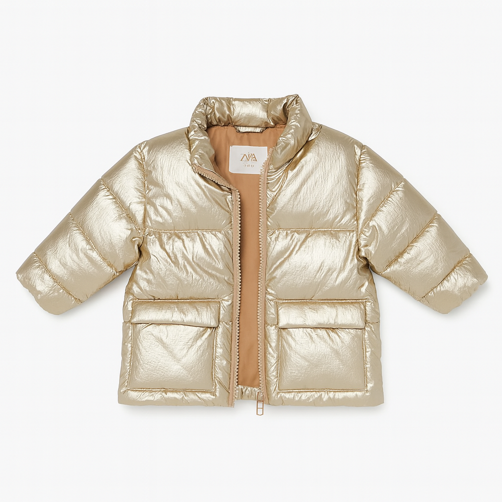 Zara Metallic Gold Puffer Coat, Warm Toddler Girls Jacket