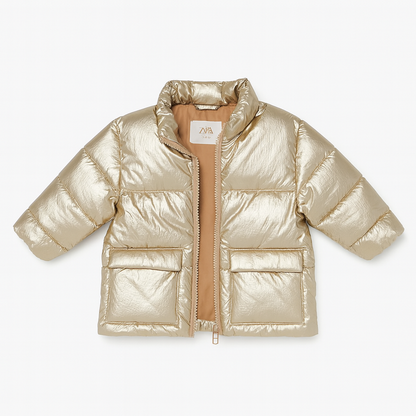 Zara Metallic Gold Puffer Coat, Warm Toddler Girls Jacket