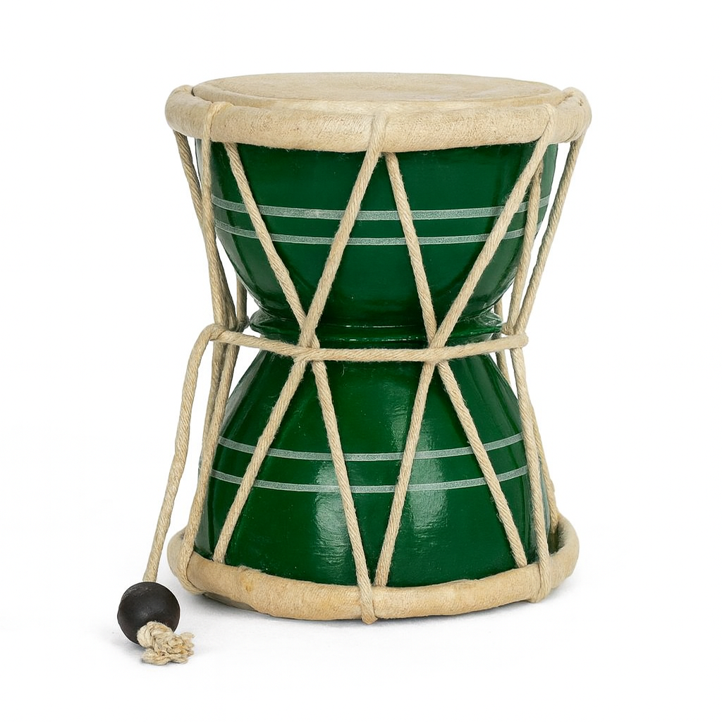 Green drum with beige rope wrapping on a white background