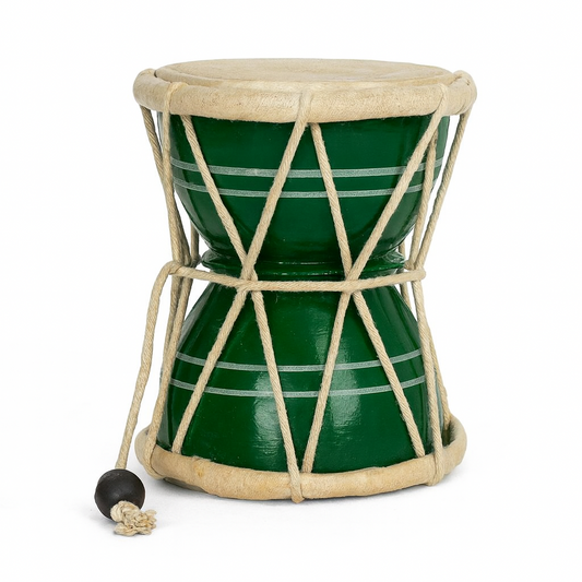 Green drum with beige rope wrapping on a white background