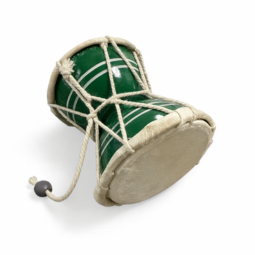 Green drum with beige rope and base on a white background