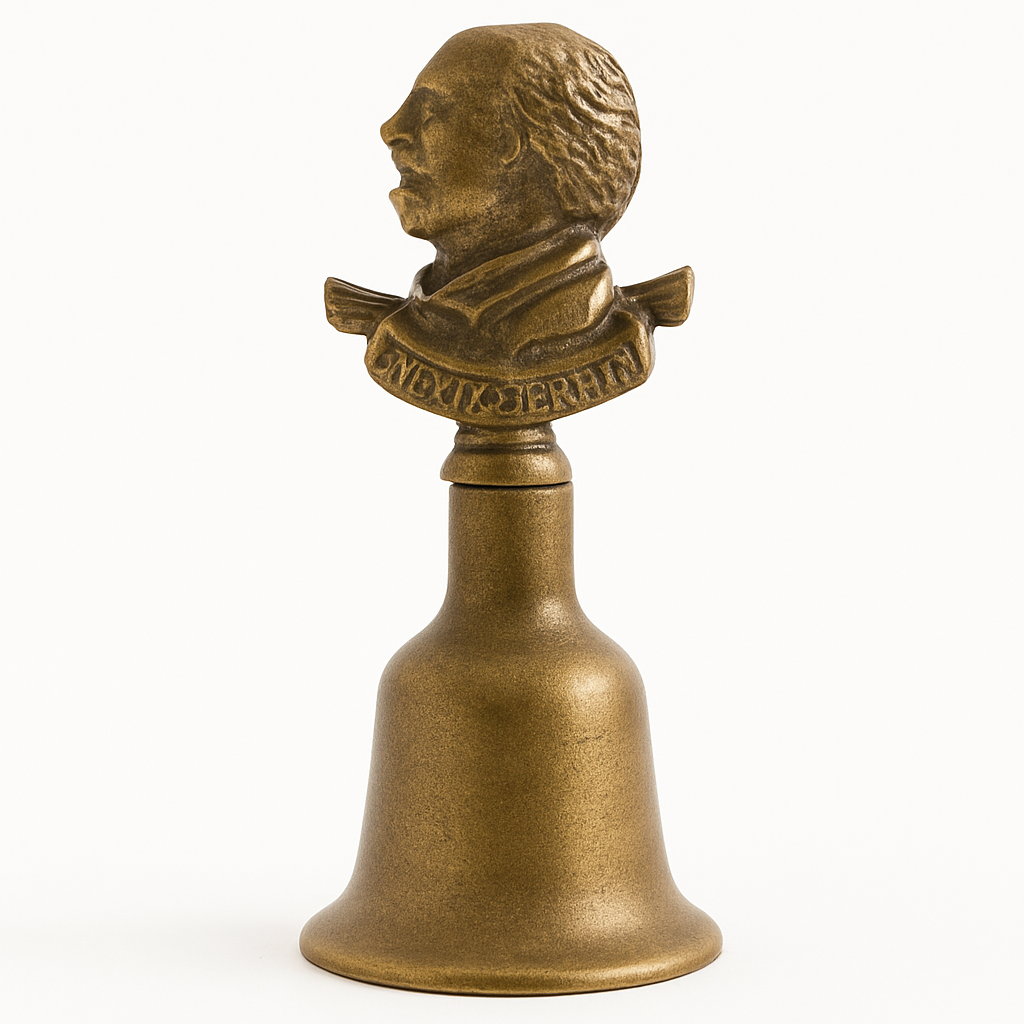 Bronze bell with a bust on top against a white background