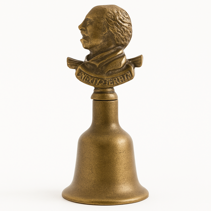 Bronze bell with a bust on top against a white background
