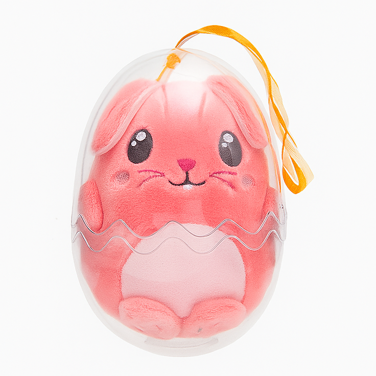 Pink cartoon character in a transparent egg with a yellow string on a white background