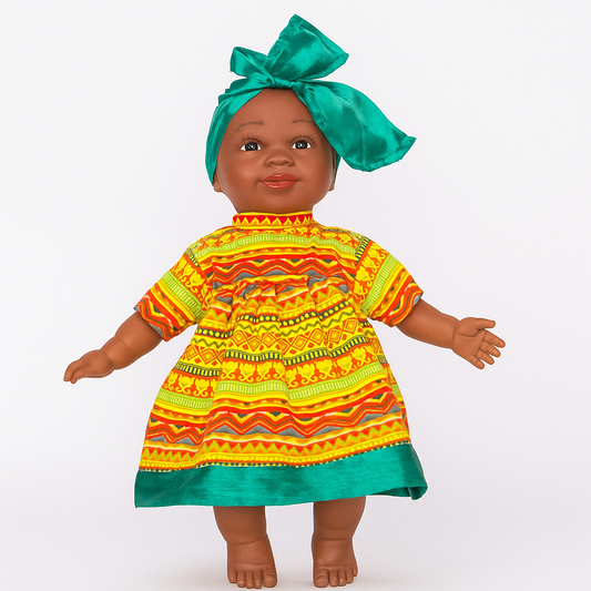 Doll wearing a colorful dress with a green headscarf on a white background