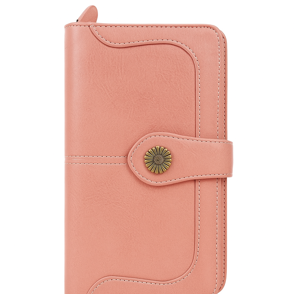 Pink phone case with a decorative button on a white background
