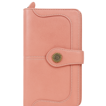 Pink phone case with a decorative button on a white background