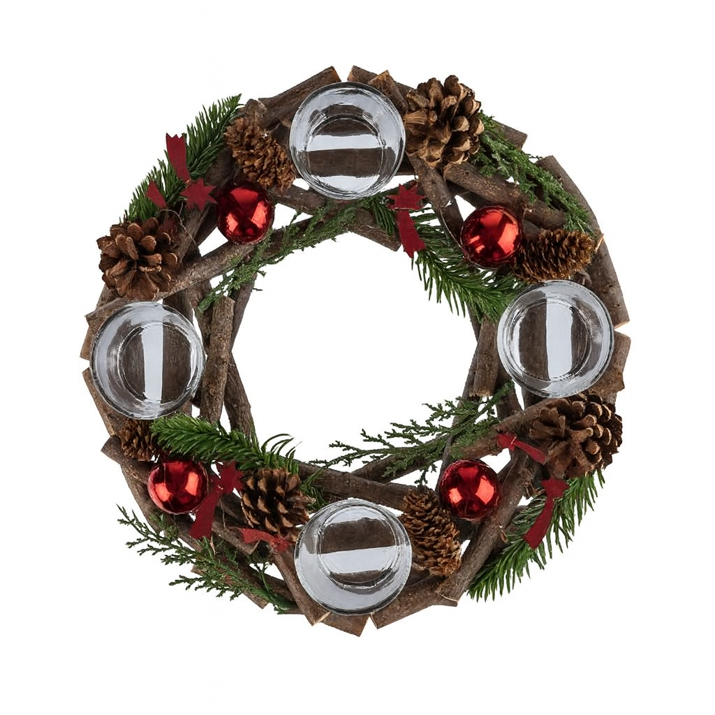 Decorative wreath with pine cones, red berries, and glass balls on a white background