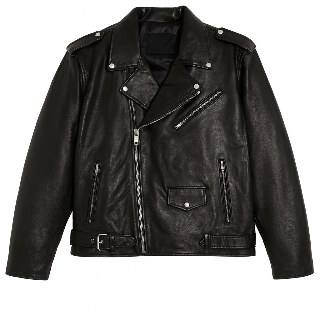 Black Leather Men's XL Biker Motorcycle Jacket with Zipper