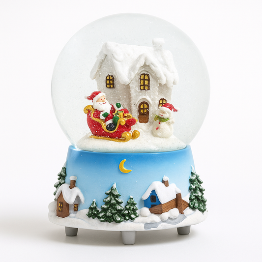 Christmas-themed snow globe with Santa Claus, reindeer, and a house on a white background