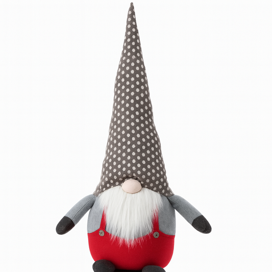 Plush gnome toy with a polka dot hat on a white background