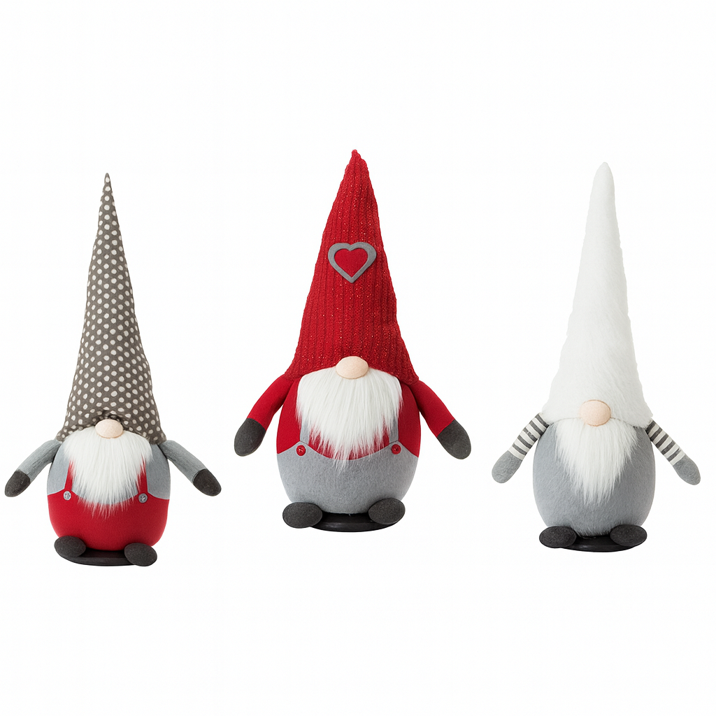 Three decorative gnomes with different hats and outfits on a white background