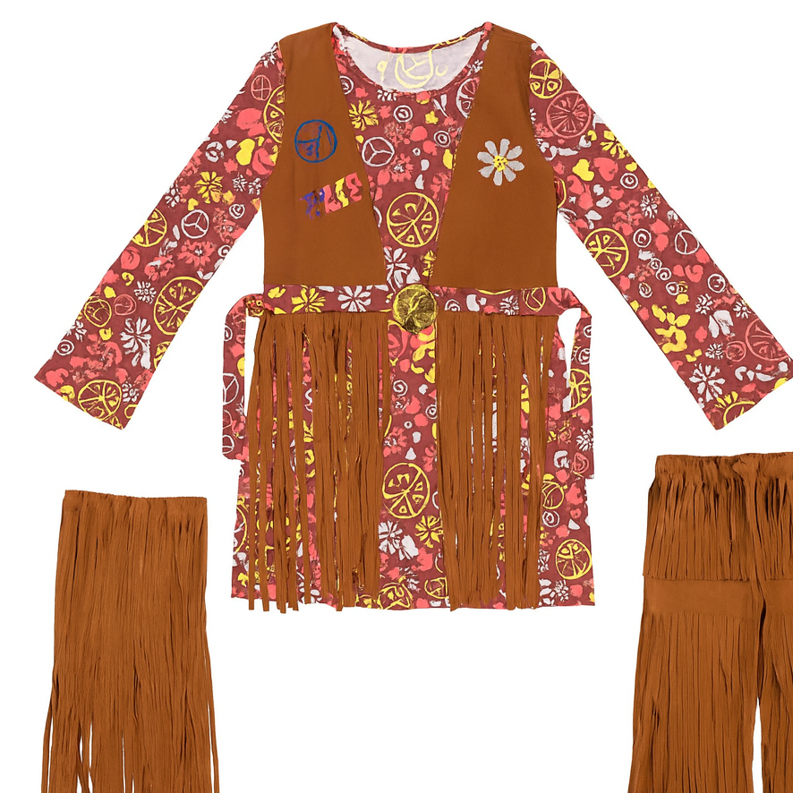 Hippie costume with patterned top and fringed pants on a white background