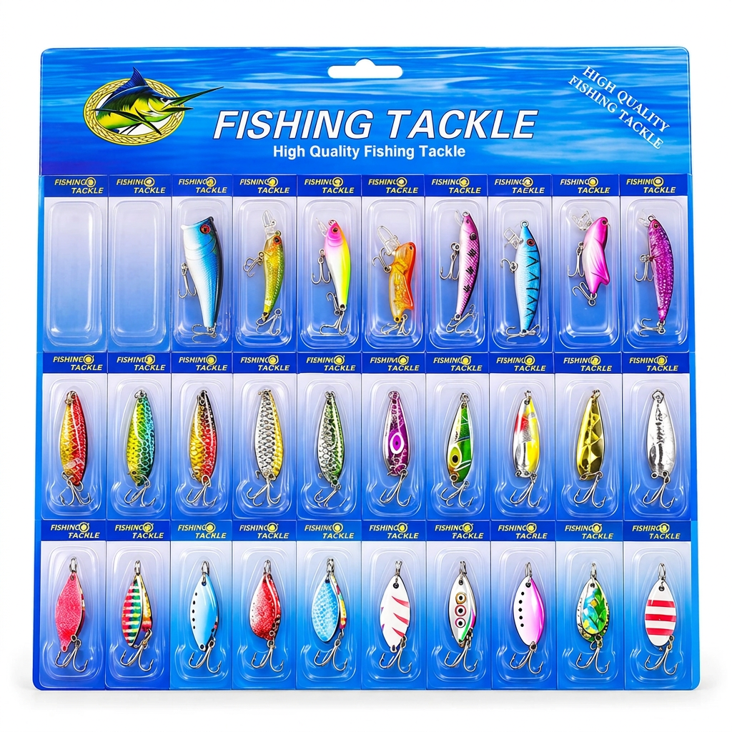 A retail display card filled with 28 different fishing lures in various colors and patterns, under a blue header card labeled 'FISHING TACKLE'.