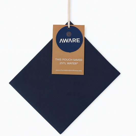 Navy blue pouch with 'Aware' tag on a white background