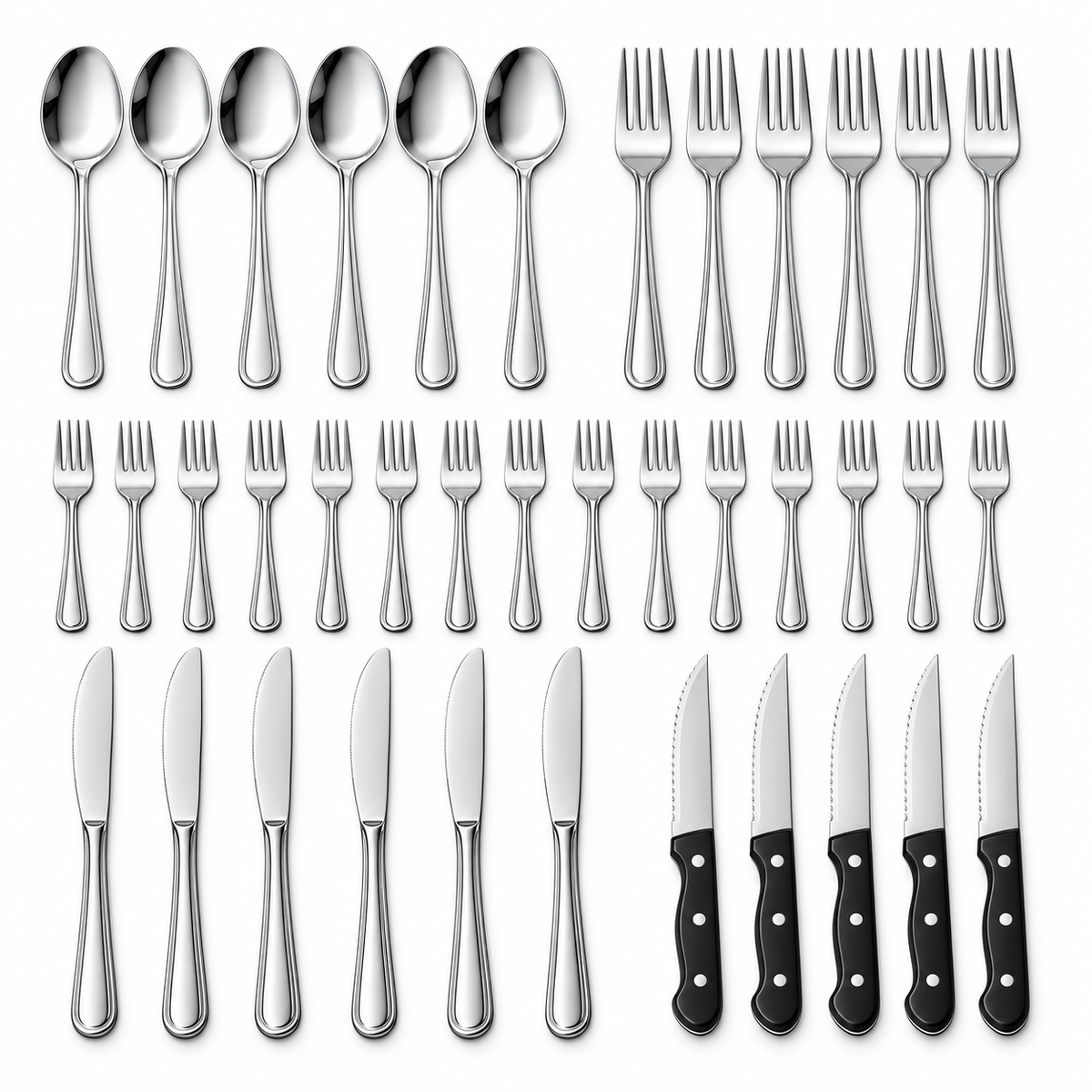 A flat-lay presentation of a silver-toned flatware set on a white background, including six large spoons, twelve forks, eight knives with silver blades, and four knives with black handles.