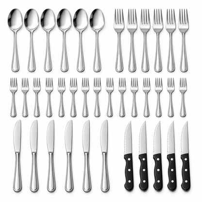 A flat-lay presentation of a silver-toned flatware set on a white background, including six large spoons, twelve forks, eight knives with silver blades, and four knives with black handles.