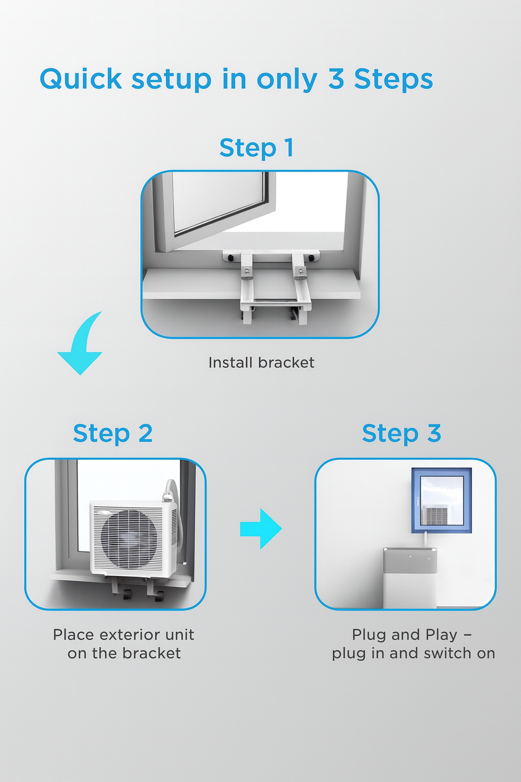 Step-by-step guide for setting up an air conditioning unit with images and text.