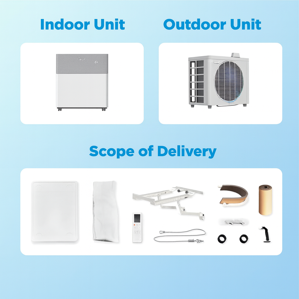 Diagram showing indoor and outdoor air conditioning units with scope of delivery items on a light blue background.