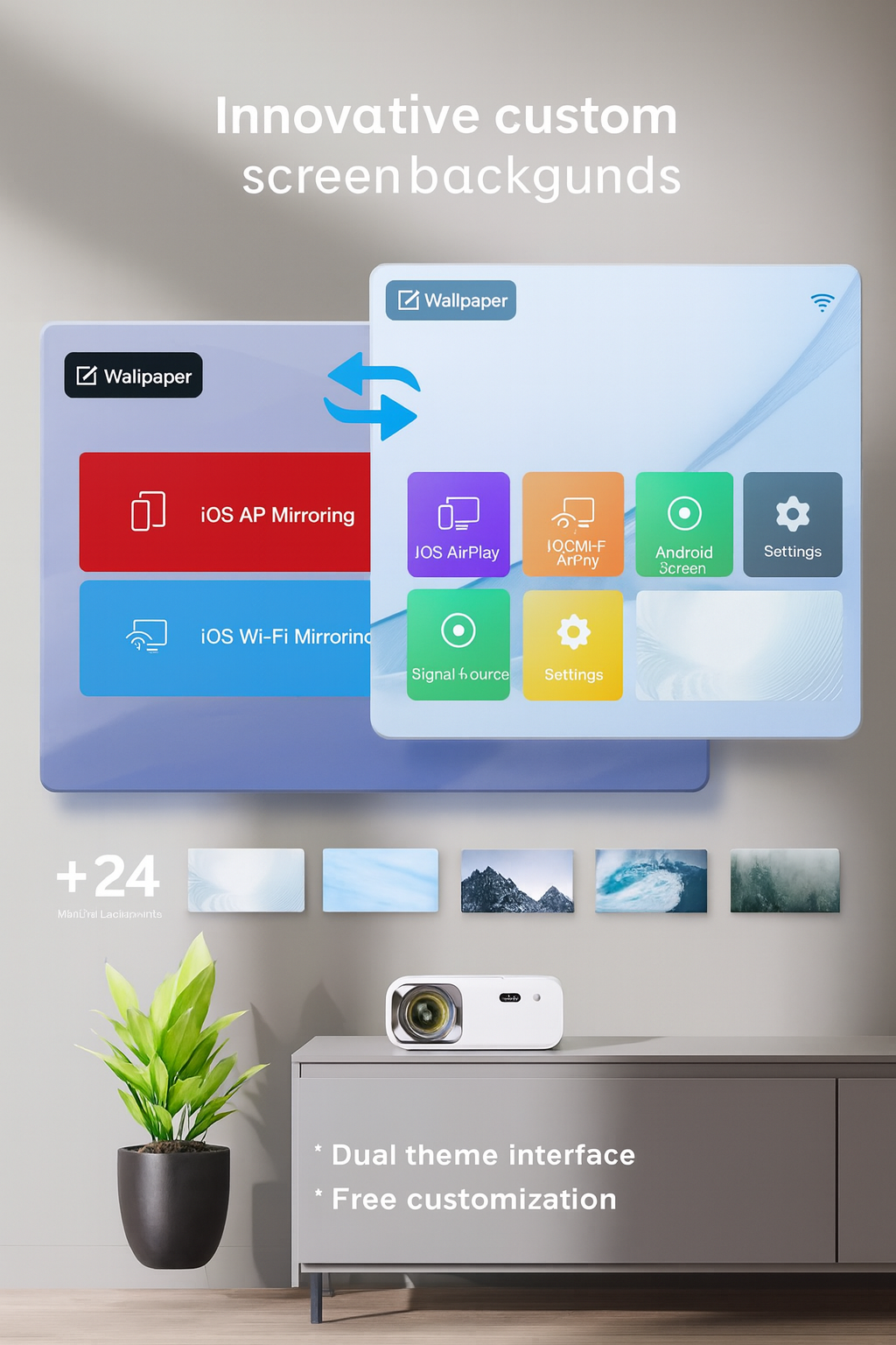 Smart home device with interface on screen displaying customizable themes and features.