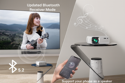 Smart home setup with TV, projector, and smartphone displaying Bluetooth 5.2 connection.