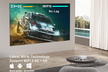 Large screen displaying a car on a dirt road with WiFi6 technology text in a modern living room.