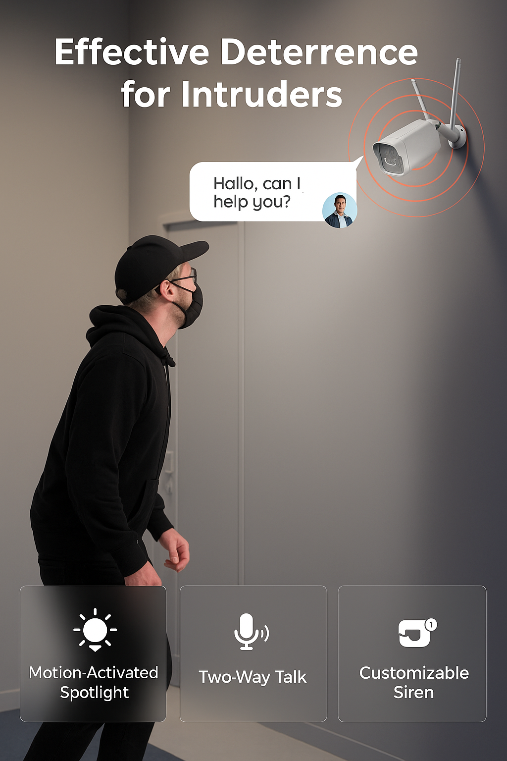 Security camera system with a person approaching, featuring motion-activated spotlight, two-way talk, and customizable siren functions.