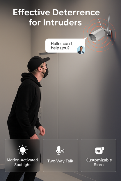 Security camera system with a person approaching, featuring motion-activated spotlight, two-way talk, and customizable siren functions.