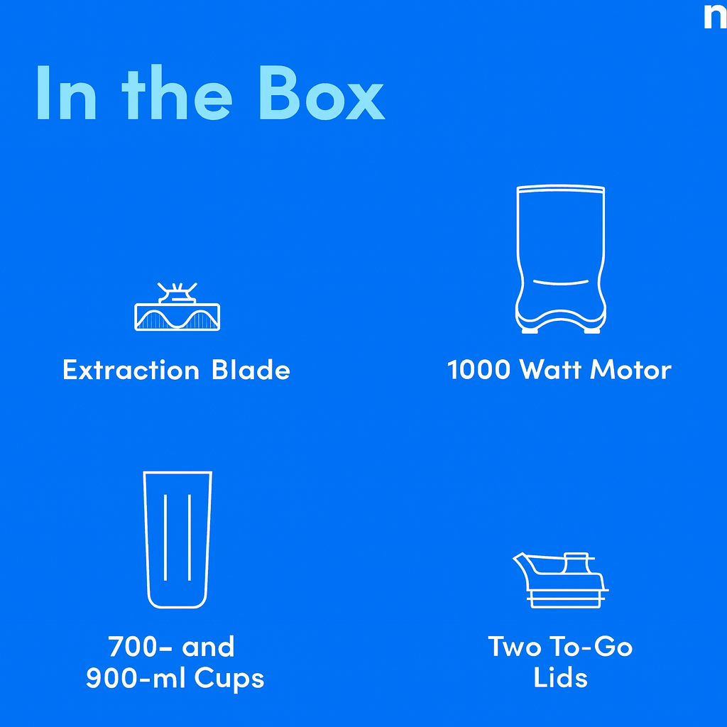 List of items included in a product box on a blue background with white text and icons.