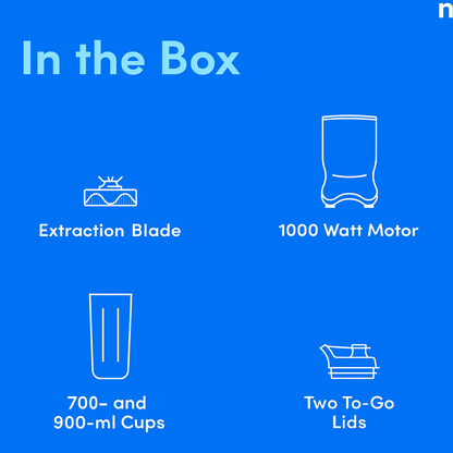 List of items included in a product box on a blue background with white text and icons.