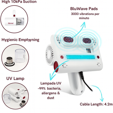 White handheld device with features highlighted, including suction, vibrations, emptying, and UV lamp on a white background.