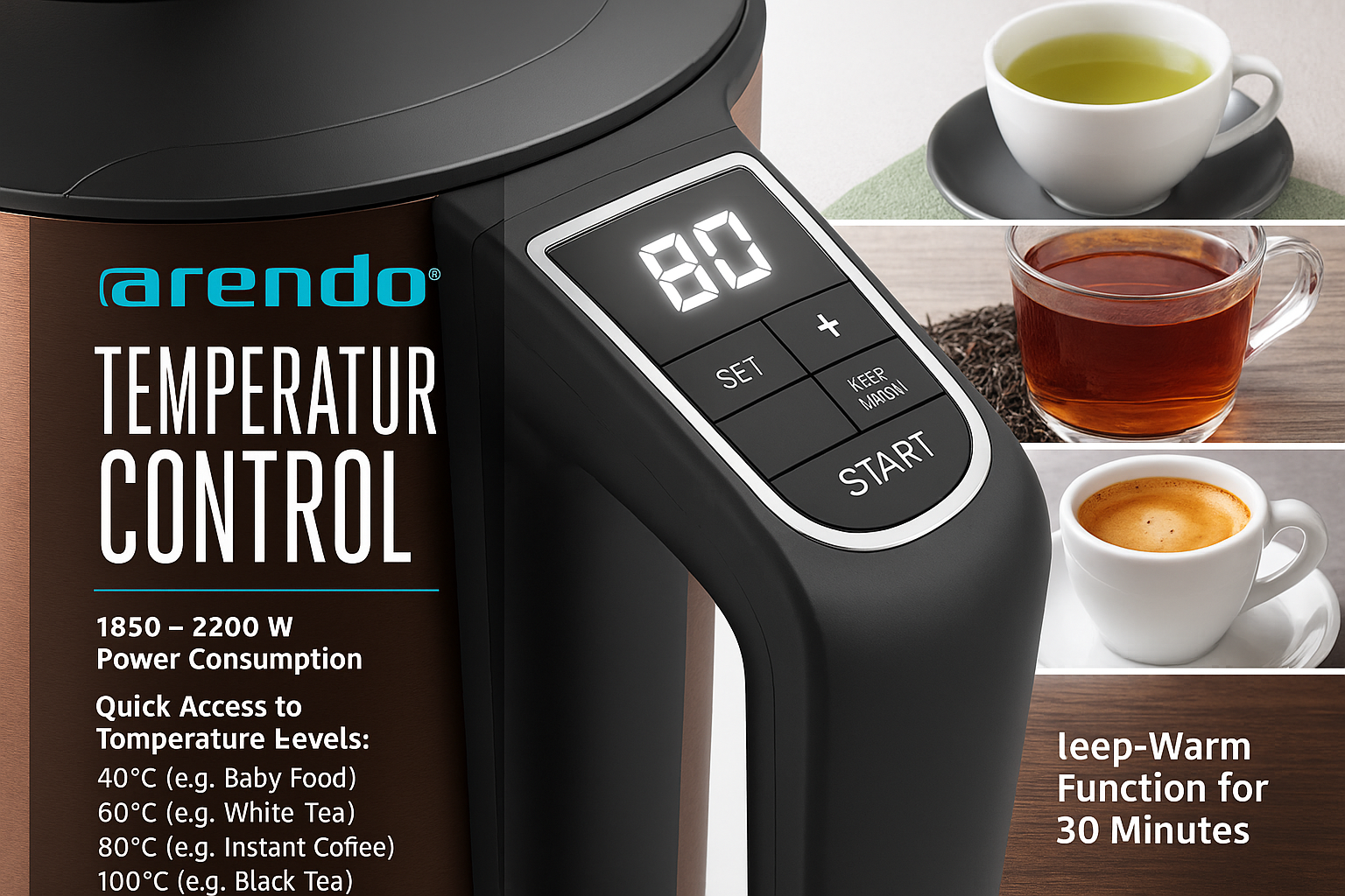 Arendo temperature control device with digital display and tea preparation images.