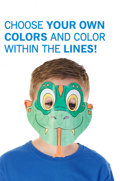 Child wearing a green dragon mask with text 'Choose your own colors and color within the lines!'
