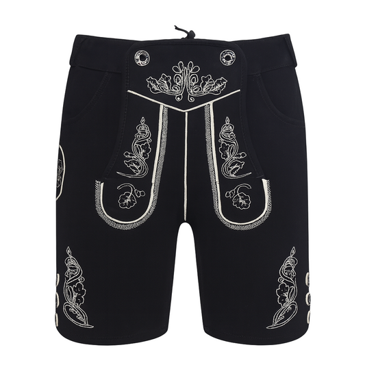 Black shorts with white embroidery on a light white background