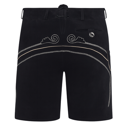 Black shorts with white wave designs on a light white background