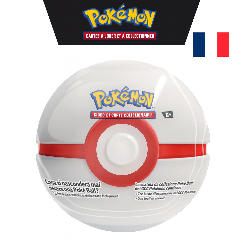 Pokémon collectible card game container with Poké Ball design on a white background
