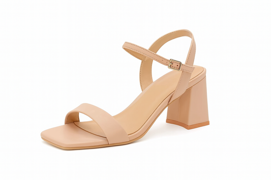 Glamorous Women's Beige Faux-Leather Low Block Heel Sandals for Comfortable Style