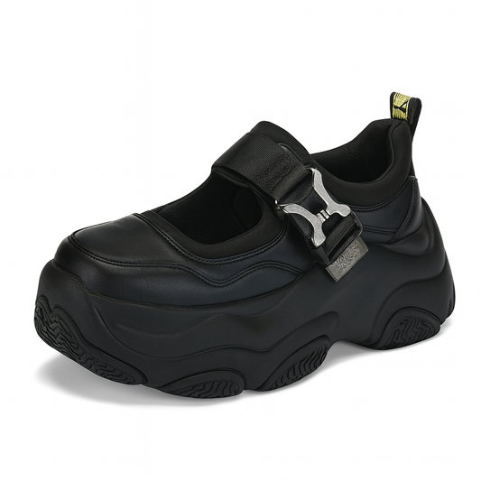 Buffalo Prowler Black Chunky Platform Ballerina Shoes with Adjustable Strap