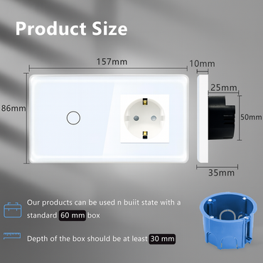 Sleek TAWOIA Touch Light Switch with Socket, EU Standard, 2.5D Curved Glass