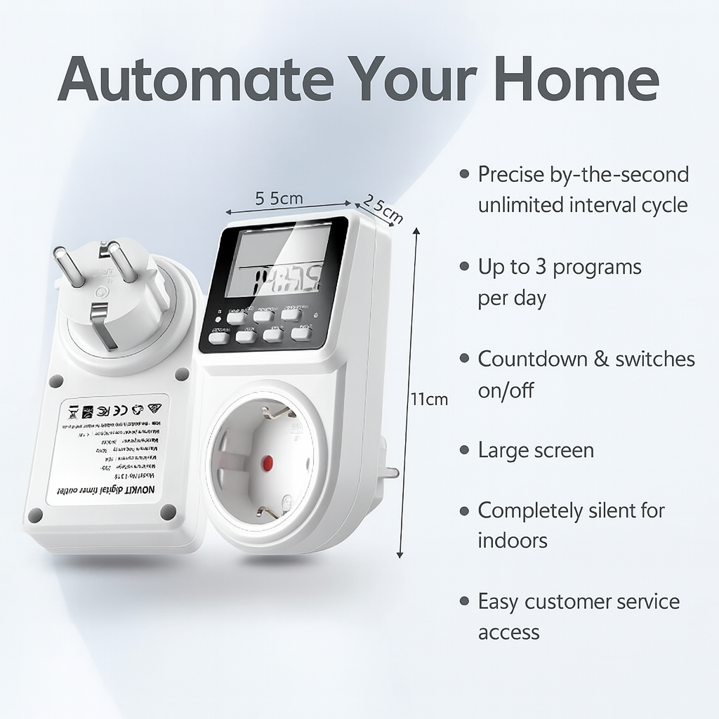 Digital timer switch with dimensions and features listed on a white background