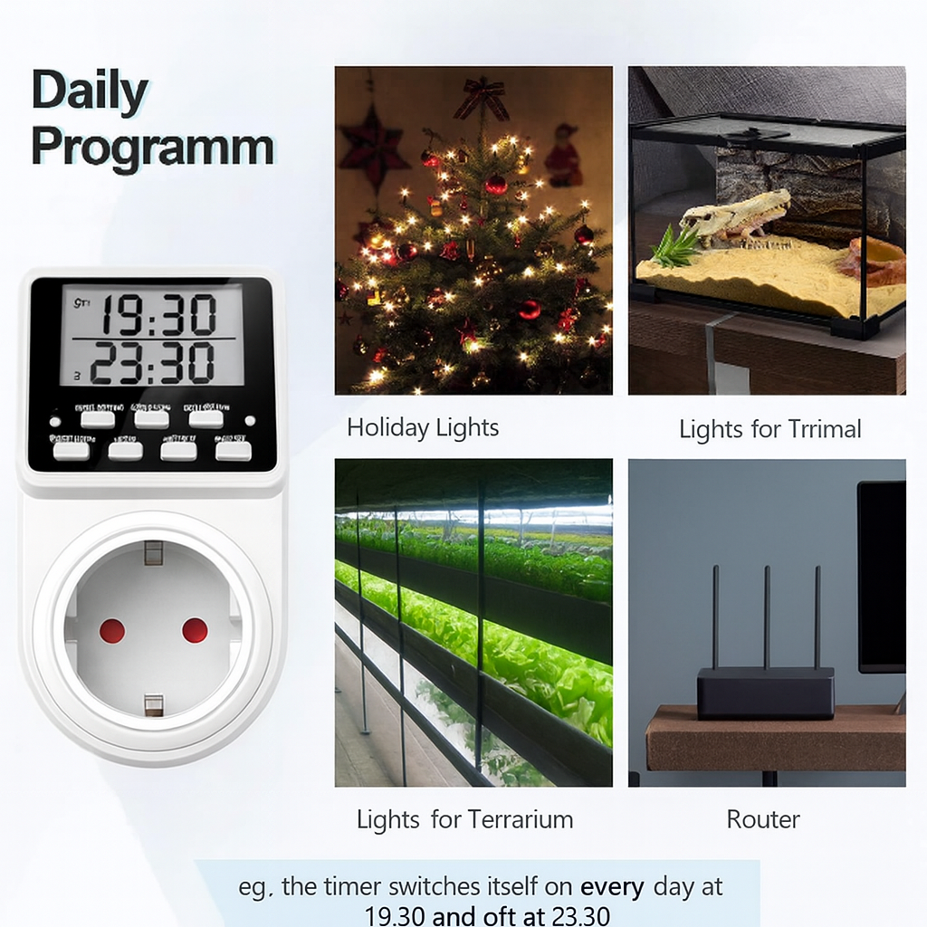 Smart home device with timer and socket, showing different lighting scenarios.