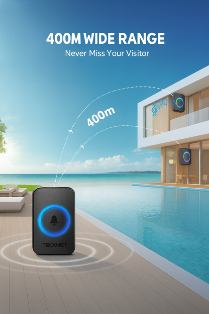 Outdoor security device with 400m wide range feature, displayed by a modern house by a pool.