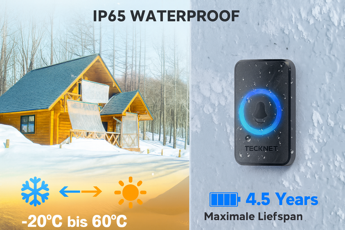 TECKNET Wireless Doorbell Kit: 400m Range, IP65 Waterproof, 2 Receivers