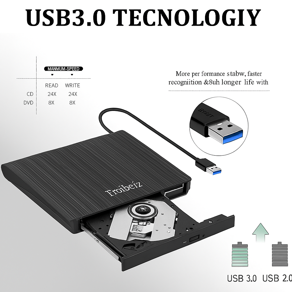 External DVD drive with USB cable and Froibiz branding on a light gray background