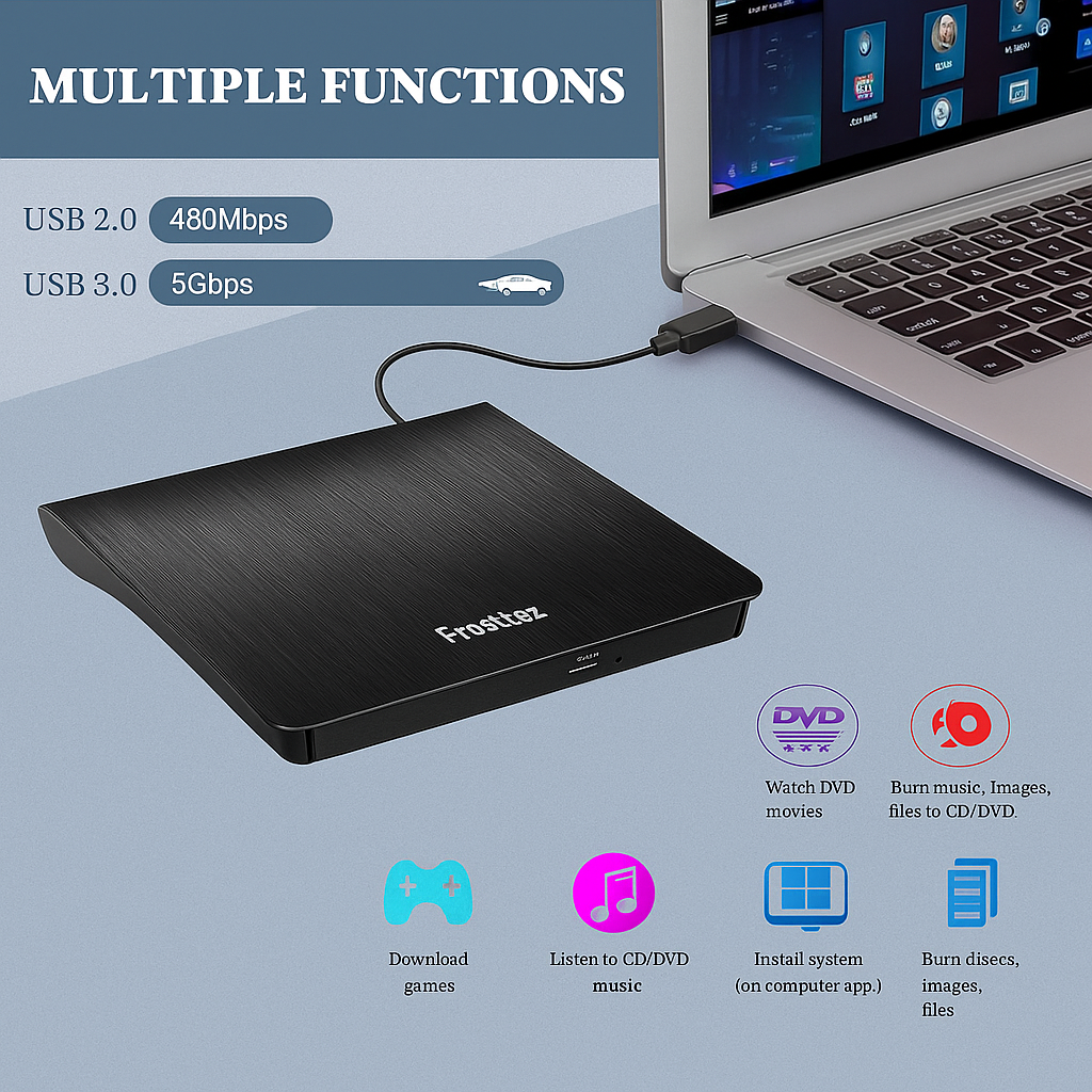 External DVD drive connected to a laptop with text highlighting its functions on a light blue background.