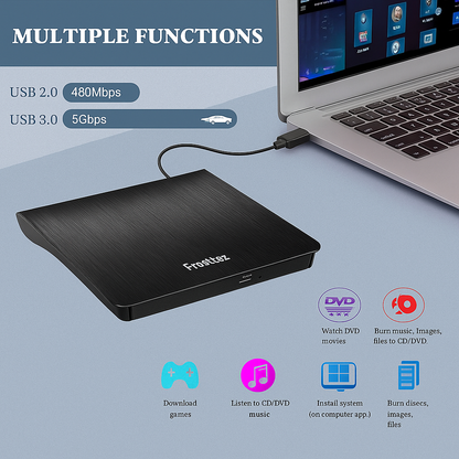 External DVD drive connected to a laptop with text highlighting its functions on a light blue background.