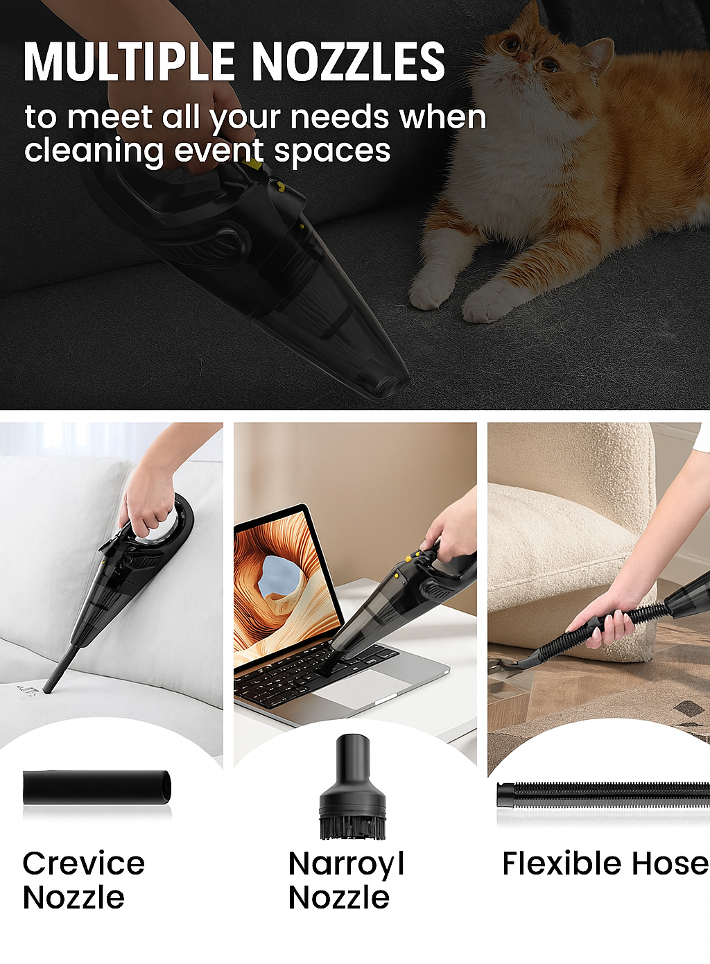 Vacuum cleaner with multiple nozzles shown in use on various surfaces, with a cat in the background.